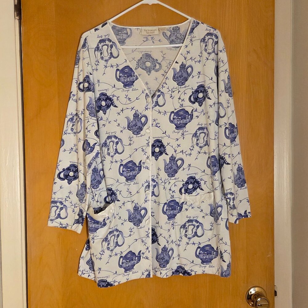 Vtg Victoria's Secret Gold Label Button Up Sleep Shirt Size L Tea Pots Cotton